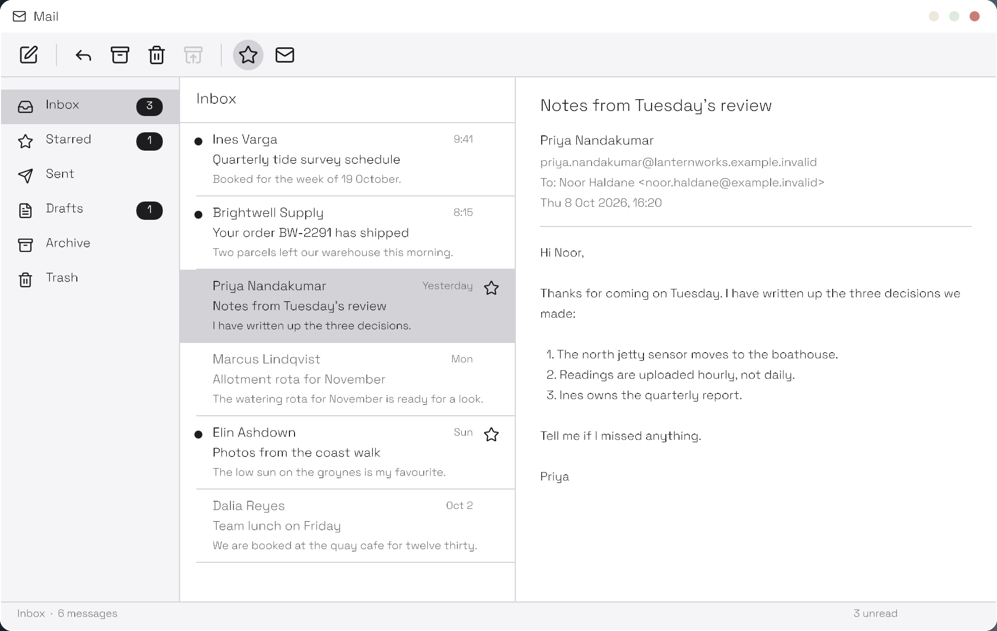 Calli Mail prototype showing mailboxes, an inbox and an open example message in a three-pane layout.